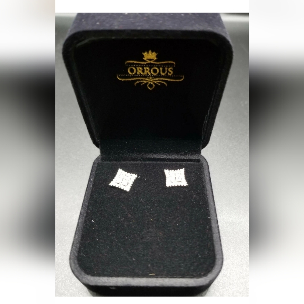 ORROUS & CO Women's 18K White Gold Plated Cubic Zirconia Square Stud Earrings